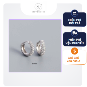 Bông tai bạc khuyên tròn hạt đá đường kính trong 8mm,