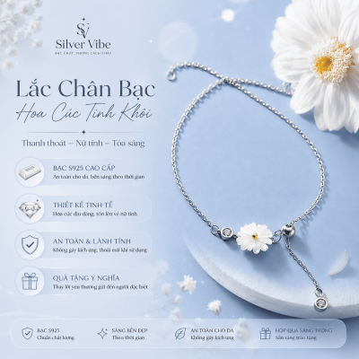 Lắc chân bạc nữ đính đá CZ hình bông hoa cúc