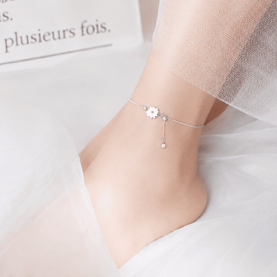 Lắc chân bạc nữ đính đá CZ hình bông hoa cúc