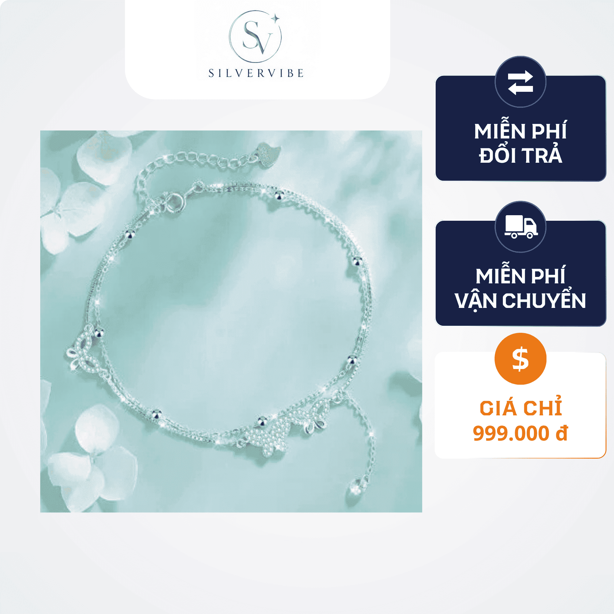Lắc chân bạc nữ đính đá CZ hình hồ điệp cao cấp
